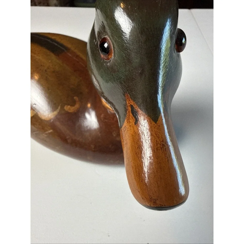 Vintage Hand Carved Painted Mallard Duck Decoy Wood Glass Eyes Folk Art Decor
